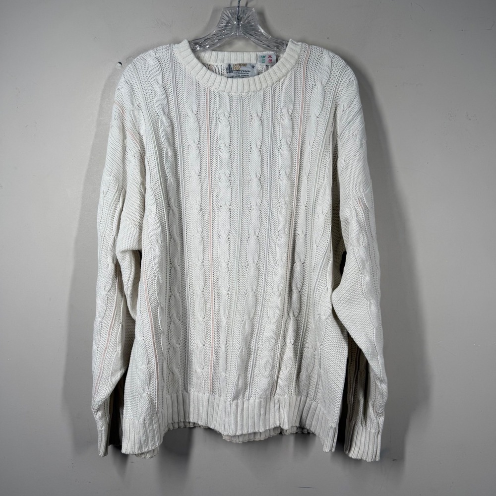 Vintage London Fog Mens Sz Large Cable Knit Sweater Cream Cotton Pastel Stripe